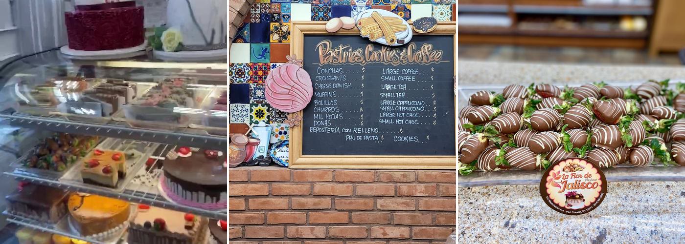 Cake case, pastries board and chocolate covered strawberries at La Flor De Jalisco